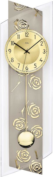 Funkwanduhr Hermle pendulum clock goldfarben mit Rosendekor - AMS 5223